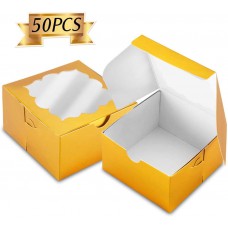 NPLUX 50 Pack Gold Bakery Boxes with Window 4x4x2.5 inches Pastry Boxes for Birthday Baby Shower Party