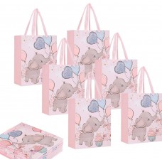 NPLUX Baby Gift Bag Elephant Paper Gift Bags Heavy Duty Baby Girl Gift Bag for Baby Shower Animal Theme Birthday Party Supplies,Pink