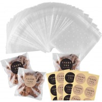200 Pcs Self Adhesive Cookie Bags Cellophane Treat Bags Thank You Cookie Bags for Gift Giving with Stickers(4x6in)