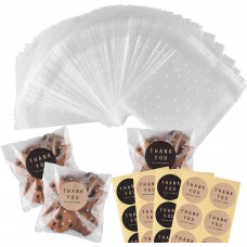 100 Pcs Self Adhesive Cookie Bags Cellophane Treat Bags Thank You Cookie Bags for Gift Giving with Stickers(4x6in)