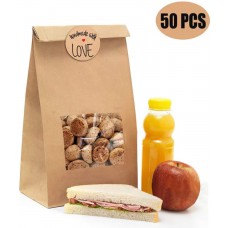 NPLUX 50Pcs Brown Bakery Bags with Window Kraft Paper Bags with 50Pcs Handmade Stickers for Storing Cookie Dried Foods Snack